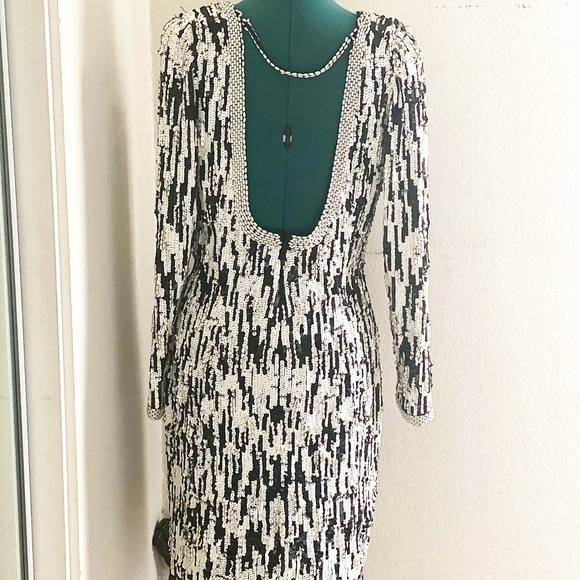 FRINGE NYE GEOMETRIC OLEG CASSINI BLACK TIE ART DECO PEARL DRESS SZ 8 - Picture 4 of 5